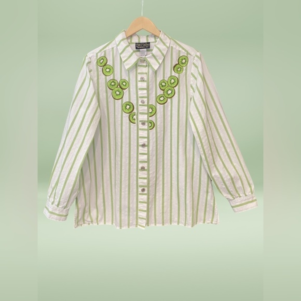 Bob Mackie Green and White Striped Button Down Shirt